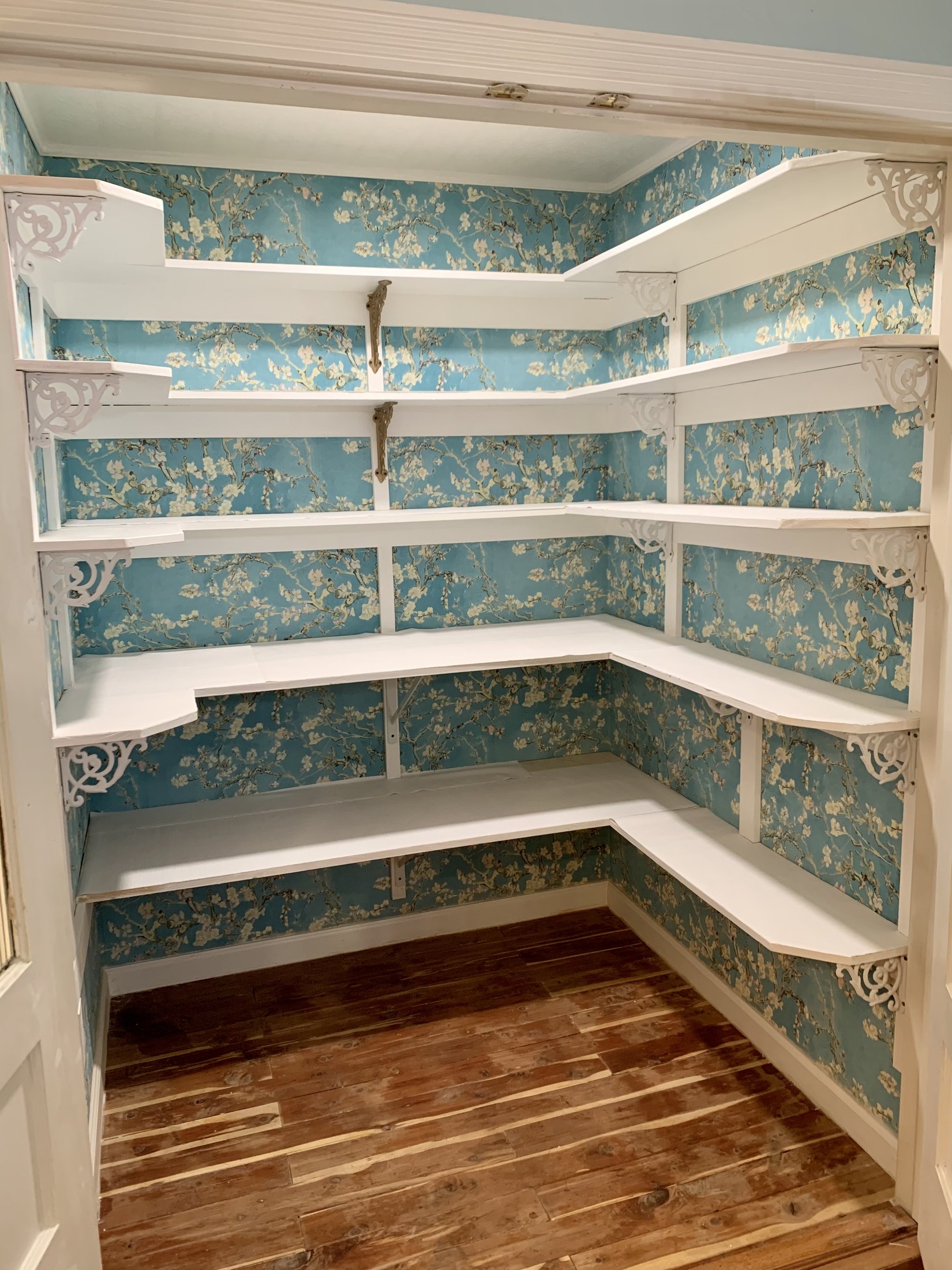 Finished walk-in pantry wrapped in blue flowering wallpaper