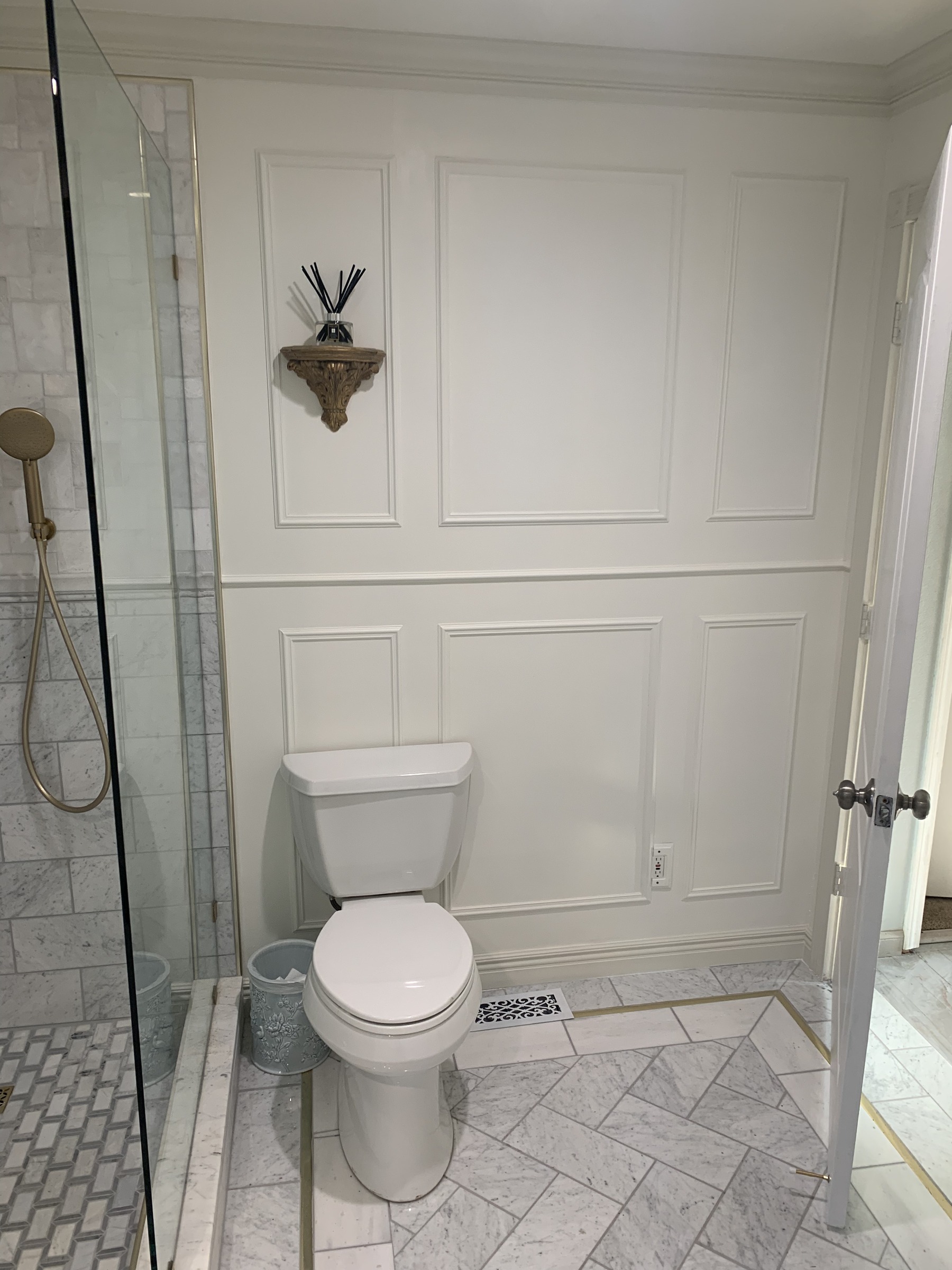 Salvaged marble and patterned tile detail