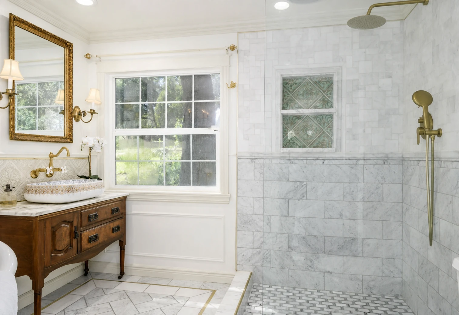 Bright Victorian-inspired California farmhouse bathroom with patterned tile and salvaged marble